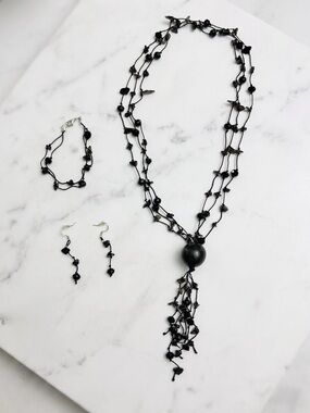 3pc Black Beaded Lariat Tassel Necklace Set